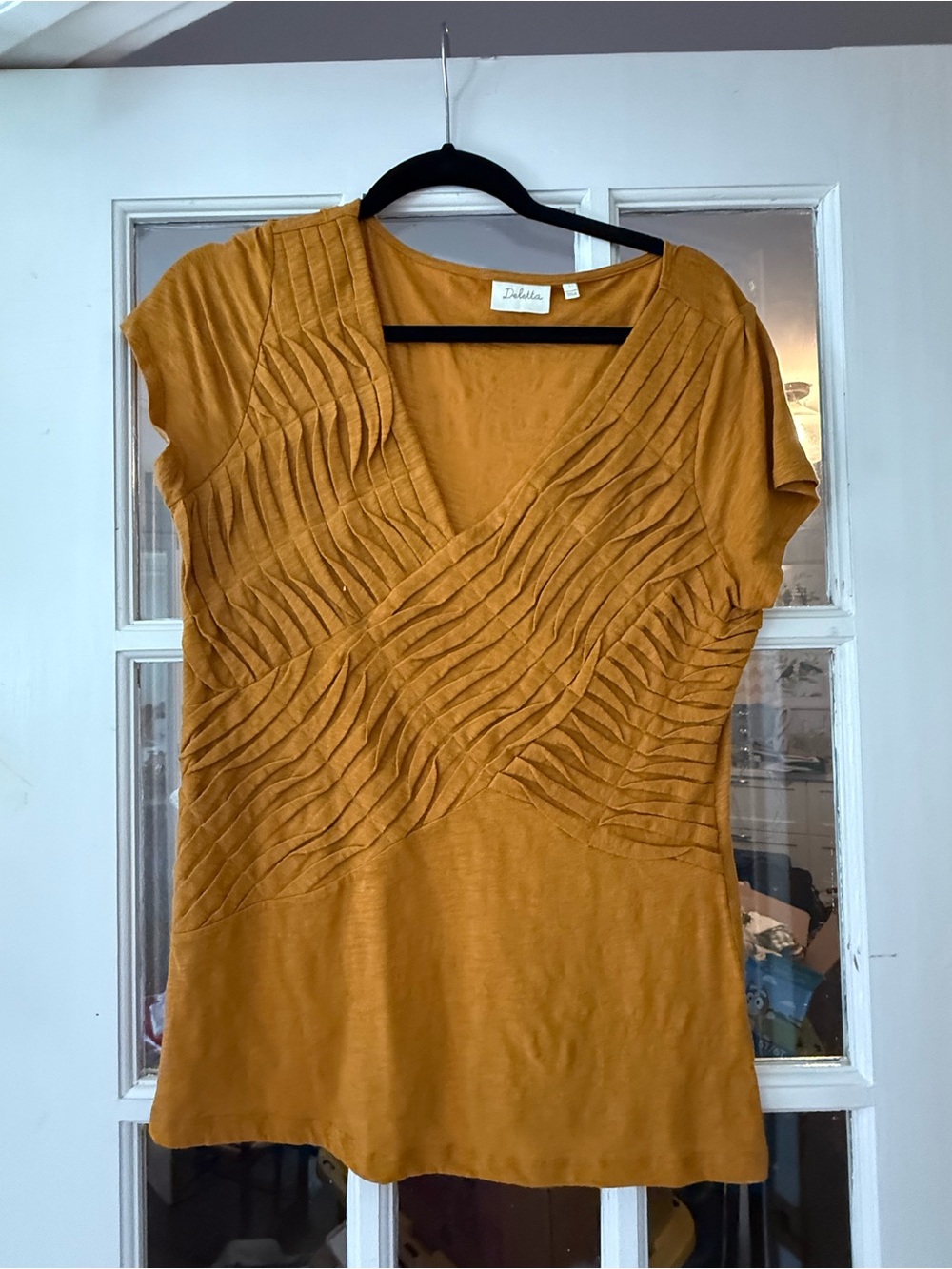Delta Mustard Pleated V-Neck Short Sleeve Top